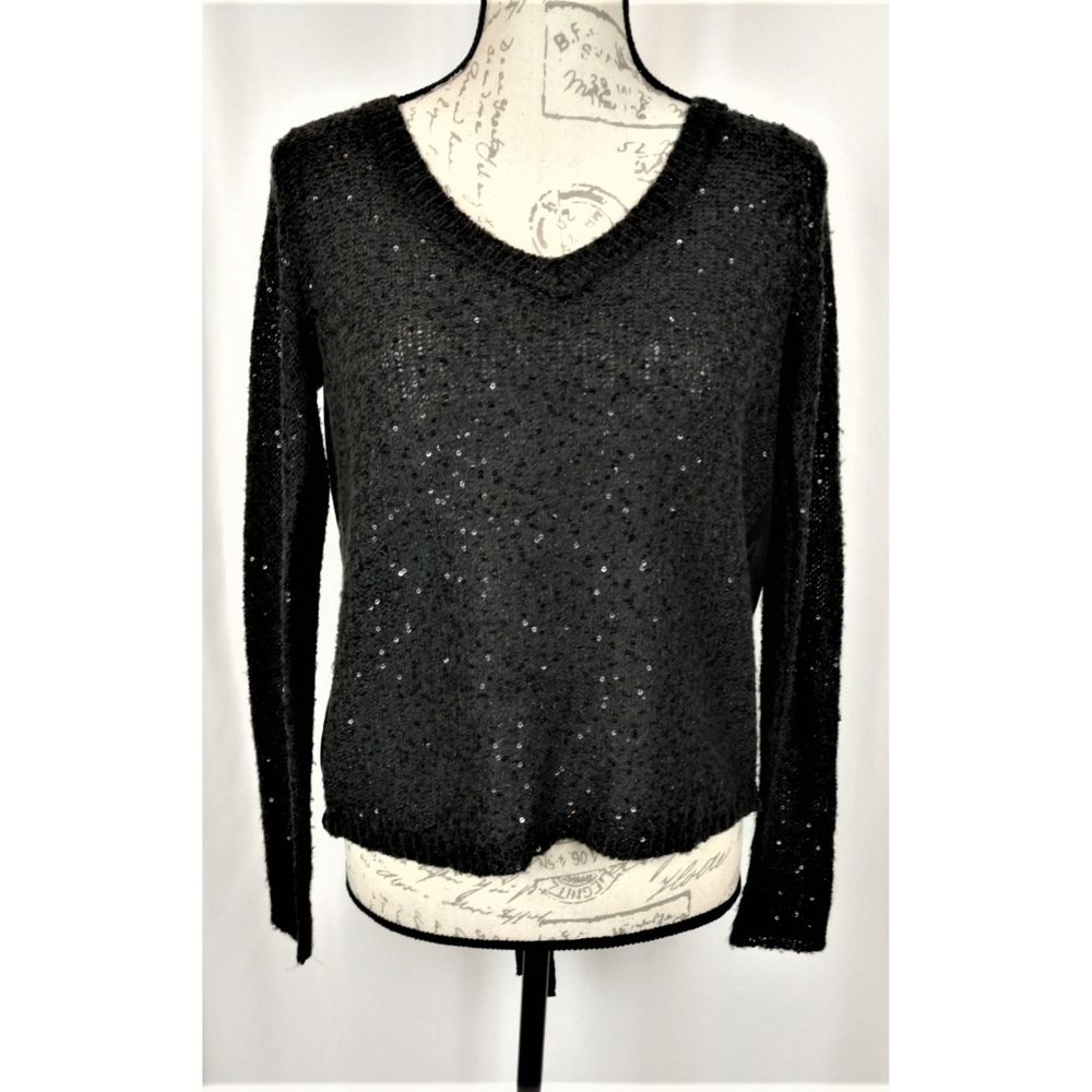 AE Black Sequin Sheer Back Sweater Junior Medium